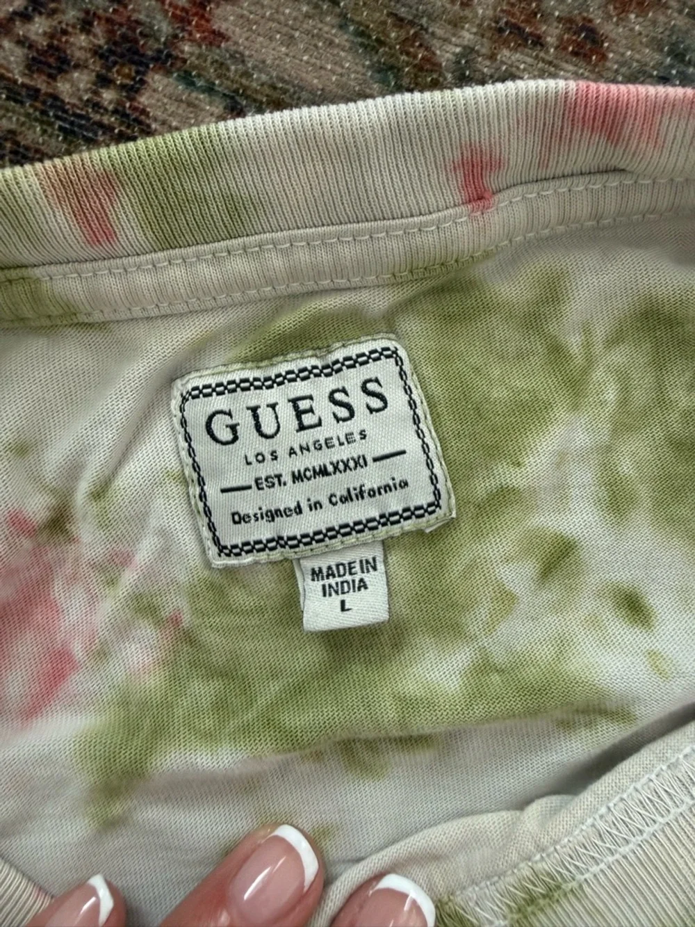 GUESS White Tee with Pink & Olive Green Tie-Dye Accents - Picture 2 of 4